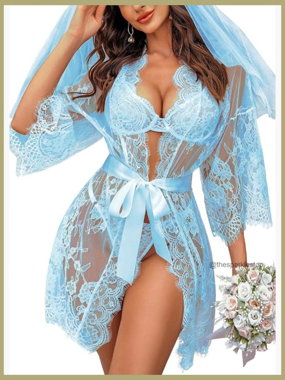 Lace Kimono Robe Babydoll Lingerie Mesh Nightgown with G-string and Belt